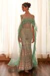 Buy_Cherie D_Blue Silk Embroidery Pearls Cape Closed Neck Scandal Ruffle And Sharara Set 