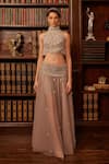 Buy_Cherie D_Grey Silk Embroidery Crystals Halter Neck Whisper 3d Flower Lehenga Set _at_Aza_Fashions