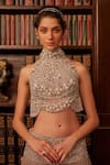 Shop_Cherie D_Grey Silk Embroidery Crystals Halter Neck Whisper 3d Flower Lehenga Set _at_Aza_Fashions