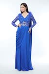 Buy_Vivek Patel_Blue Georgette Embellished 3d Flower V Floral Yoke Saree Gown _at_Aza_Fashions