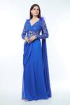 Buy_Vivek Patel_Blue Georgette Embellished 3d Flower V Floral Yoke Saree Gown _Online_at_Aza_Fashions