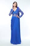 Shop_Vivek Patel_Blue Georgette Embellished 3d Flower V Floral Yoke Saree Gown _Online_at_Aza_Fashions