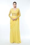 Buy_Vivek Patel_Yellow Georgette Embellished 3d Flower V Floral Saree Gown _Online_at_Aza_Fashions