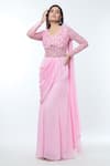 Buy_Vivek Patel_Pink Georgette Embellished 3d Flower V Sheer Sleeve Saree Gown _at_Aza_Fashions