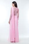 Shop_Vivek Patel_Pink Georgette Embellished 3d Flower V Sheer Sleeve Saree Gown _at_Aza_Fashions