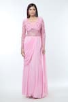 Vivek Patel_Pink Georgette Embellished 3d Flower V Sheer Sleeve Saree Gown _at_Aza_Fashions