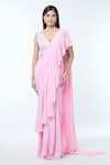 Vivek Patel_Pink Saree Georgette Dori Plunge Ruffle Detailed Pre-draped With Blouse _at_Aza_Fashions