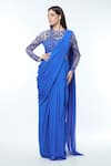 Buy_Vivek Patel_Blue Georgette Embellished 3d Flower Round Sheer Sleeves Saree Gown _at_Aza_Fashions