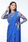 Buy_Vivek Patel_Blue Georgette Embellished 3d Flower Round Sheer Sleeves Saree Gown _Online_at_Aza_Fashions