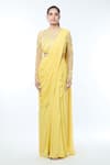 Vivek Patel_Yellow Georgette Embellished 3d Flower Round Sheer Sleeves Saree Gown _Online_at_Aza_Fashions