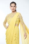 Shop_Vivek Patel_Yellow Georgette Embellished 3d Flower Round Sheer Sleeves Saree Gown _Online_at_Aza_Fashions