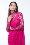 Buy_Vivek Patel_Fuchsia Georgette Embellished Resham High Saree Gown _Online_at_Aza_Fashions