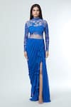 Vivek Patel_Blue Georgette Embellished Resham High Teal Saree Gown _at_Aza_Fashions