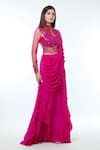 Buy_Vivek Patel_Fuchsia Crepe Embellished Pearl High Abstract Radial Saree Gown _Online_at_Aza_Fashions