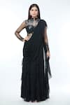 Buy_Vivek Patel_Black Crepe Embellished Pearl High Ruffle Detailed Saree Gown _at_Aza_Fashions