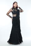 Vivek Patel_Black Crepe Embellished Pearl High Ruffle Detailed Saree Gown _Online_at_Aza_Fashions