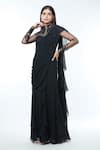 Buy_Vivek Patel_Black Crepe Embellished Pearl High Ruffle Detailed Saree Gown _Online_at_Aza_Fashions