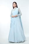 Buy_Vivek Patel_Blue Crepe Embellished 3d Cutout Flower High Yoke Gown With Shoulder Drape _at_Aza_Fashions