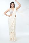 Shop_Vivek Patel_Ivory Georgette Embellished Floral Ruffle Detailed Pre-draped Saree With Blouse _Online_at_Aza_Fashions