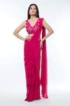 Buy_Vivek Patel_Fuchsia Georgette Embellished Ruffle Detailed Pre-draped Saree With Blouse _at_Aza_Fashions