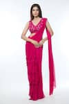 Vivek Patel_Fuchsia Georgette Embellished Ruffle Detailed Pre-draped Saree With Blouse _Online_at_Aza_Fashions