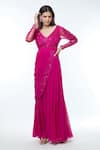 Buy_Vivek Patel_Fuchsia Georgette Embellished Cut Flower V Pre-draped Saree Gown _at_Aza_Fashions