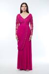 Vivek Patel_Fuchsia Georgette Embellished Cut Flower V Pre-draped Saree Gown _Online_at_Aza_Fashions