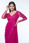 Vivek Patel_Fuchsia Georgette Embellished Cut Flower V Pre-draped Saree Gown _at_Aza_Fashions