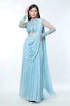 Buy_Vivek Patel_Blue Georgette Embellished Cut Flower V Cut-work Pre-draped Saree Gown _at_Aza_Fashions