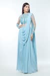 Buy_Vivek Patel_Blue Georgette Embellished Cut Flower V Cut-work Pre-draped Saree Gown _Online_at_Aza_Fashions