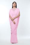 Buy_Vivek Patel_Pink Georgette Embellished 3d Floral Round Neck Pre-draped Saree Gown _at_Aza_Fashions