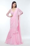 Buy_Vivek Patel_Pink Georgette Embellished 3d Floral V Pre-draped Saree Gown _at_Aza_Fashions