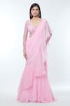 Vivek Patel_Pink Georgette Embellished 3d Floral V Pre-draped Saree Gown _Online_at_Aza_Fashions