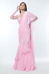 Buy_Vivek Patel_Pink Georgette Embellished 3d Floral V Pre-draped Saree Gown _Online_at_Aza_Fashions