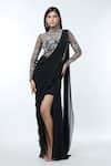 Buy_Vivek Patel_Black Georgette Embellished Pearl High Sequin Yoke Pre-draped Saree Gown _at_Aza_Fashions