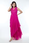 Buy_Vivek Patel_Fuchsia Georgette Embellished 3d Floral High Draped Gown _at_Aza_Fashions