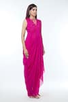 Vivek Patel_Fuchsia Georgette Embellished 3d Floral High Draped Gown _Online_at_Aza_Fashions