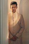 Alaya Advani_Beige Satin Silk Embroidered Cutdana Sherwani And Pant Set _at_Aza_Fashions