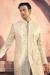 Alaya Advani_Cream Silk Embroidered Foil Work Sherwani And Pant Set _at_Aza_Fashions