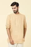 Buy_Arihant Rai Sinha_Beige Linen Plain Mandarin Collar Kurta _at_Aza_Fashions