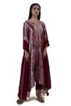 Buy_Bhavik Shah_Maroon Kurta  Tissue Hand Embroidered Aari Notched Set _at_Aza_Fashions