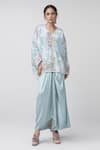 Buy_Anamika Khanna_Blue Embroidered Floral V Neck Boxy Top And Draped Skirt Set _Online_at_Aza_Fashions