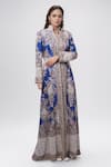 Buy_Anamika Khanna_Blue Embroidered Floral Mandarin Collar Long Coat And Draped Skirt Set _at_Aza_Fashions