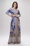 Shop_Anamika Khanna_Blue Embroidered Floral Mandarin Collar Long Coat And Draped Skirt Set _Online_at_Aza_Fashions