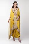 Buy_Anamika Khanna_Yellow Embroidered Floral V Neck Kesar Kaftan And Draped Skirt Set _at_Aza_Fashions