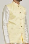 Shop_Samyukta Singhania_Yellow Jacquard Banarasi Silk Embroidered Floral Bundi And Kurta Set _Online_at_Aza_Fashions