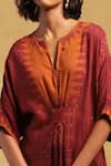 Shop_Ritu Kumar_Red 100% Viscose Digital Print Notched V Aninda Kaftan Dress _Online_at_Aza_Fashions