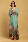 Buy_Ritu Kumar_Green Viscose, Lycra V-neck Paradise Print Long Dress _at_Aza_Fashions