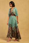 Ritu Kumar_Green Viscose, Lycra V-neck Paradise Print Long Dress _Online_at_Aza_Fashions