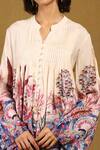 Ritu Kumar_Off White 100% Viscose Digital Print Paradise Band V Collar Pintucked Shirt _at_Aza_Fashions